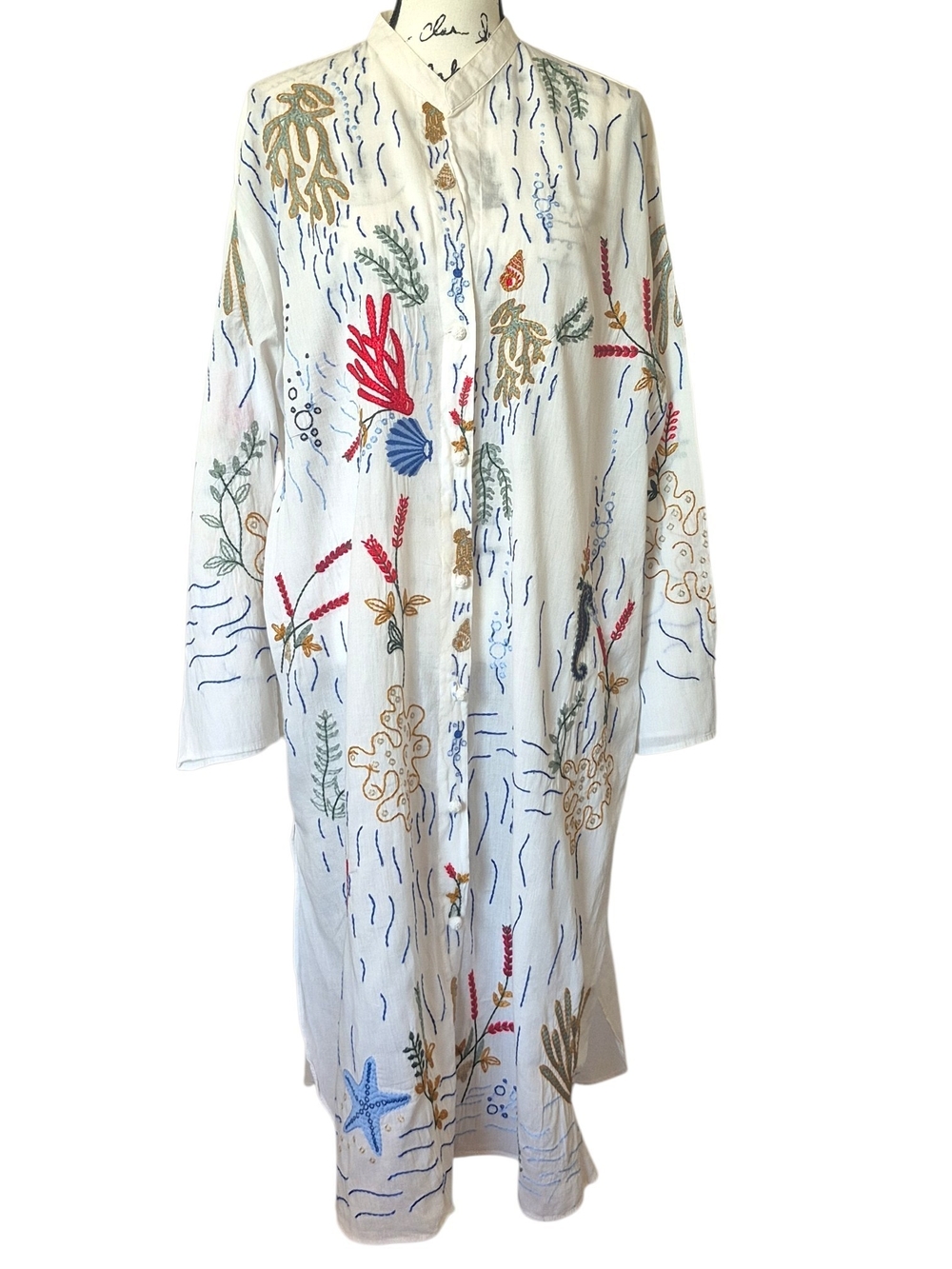Zara Sea Life Embroidered Shirt Dress XL White Cotton Beach Cover Up Resortcore - Picture 6 of 13